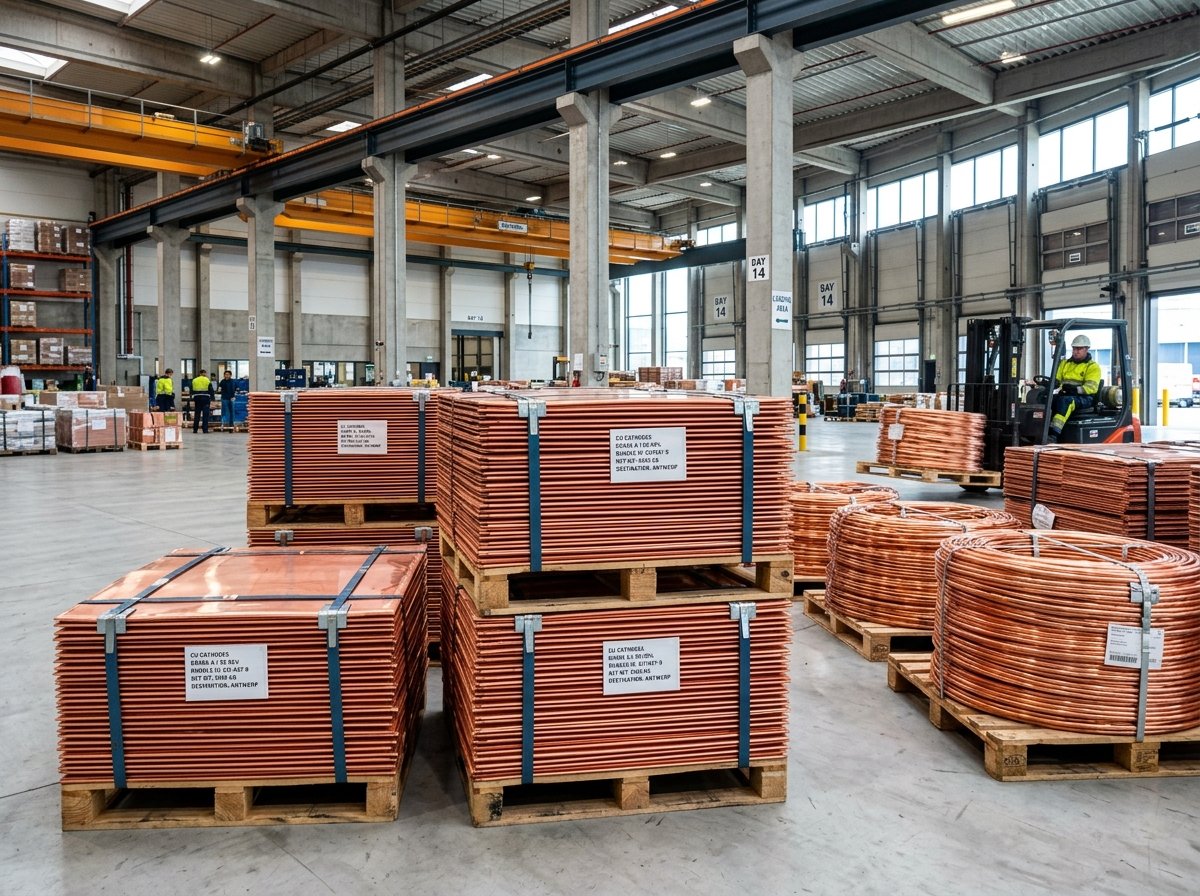 Stacked Grade-A Copper Cathodes and Wire Rods